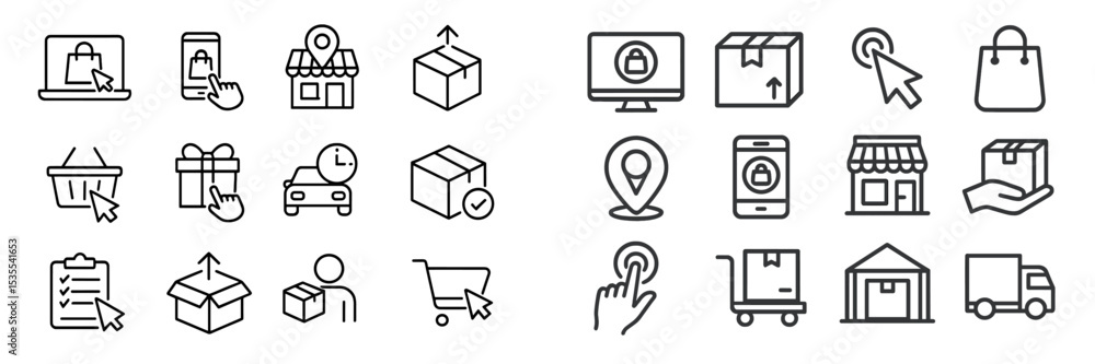 Poster online shopping icons illustrating various stages of the e-commerce process including delivery and p