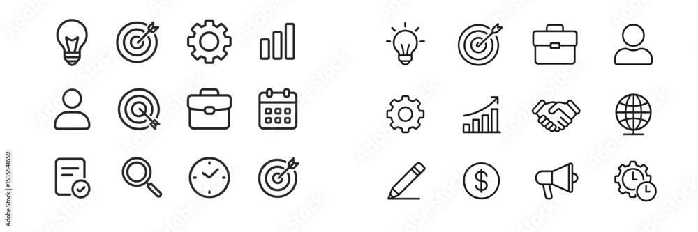 Poster business strategy icons representing planning, teamwork, finance, and productivity in a minimal desi