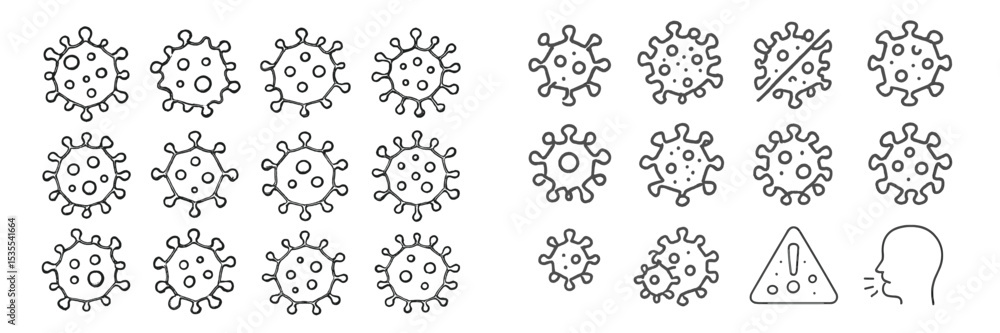 Poster virus illustrations showing various shapes, sizes, and features with health warnings and symbols rel