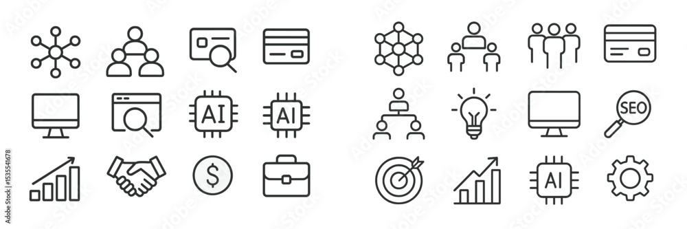 Poster collection of business and technology icons showcasing collaboration, innovation, and data analysis 