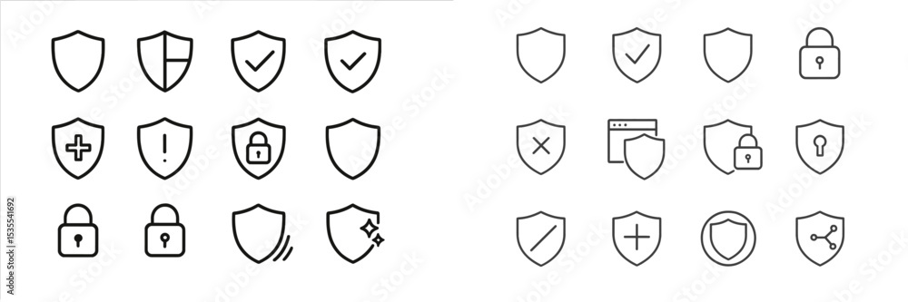 Poster Collection of shield icons representing security and protection concepts in a minimalist design
