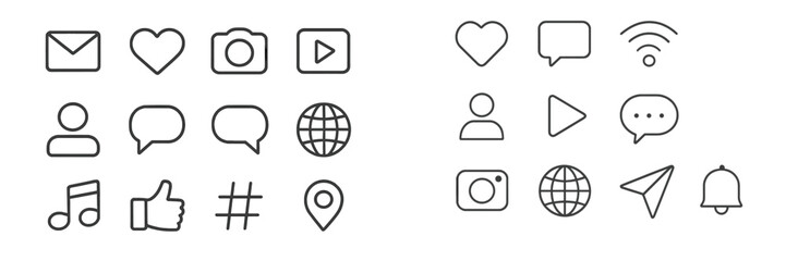 Collection of simple line icons representing communication, social media, and connectivity in a minimalist style