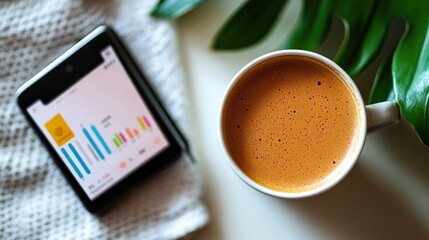 Morning routine with coffee, smartphone analytics and green leaves backdrop