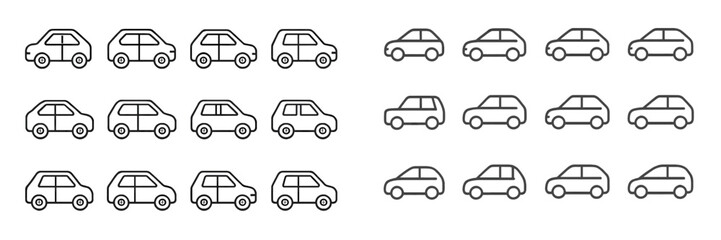 Collection of simple car illustrations arranged in a grid format showcasing various designs and styles