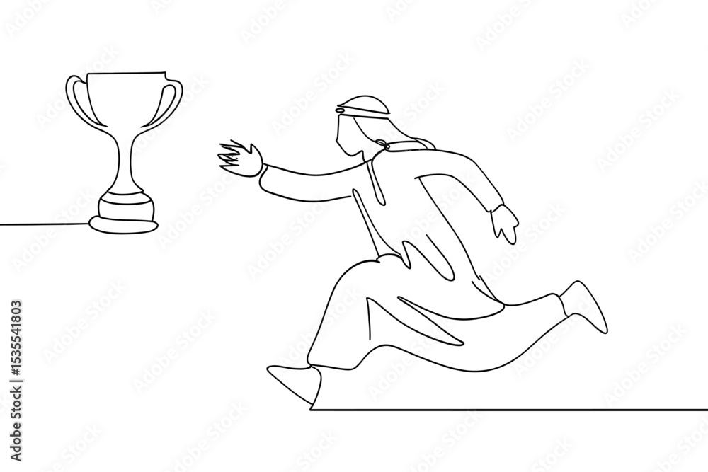 Poster runner pursuing a trophy with determination in minimalist line art design showcasing ambition and ac