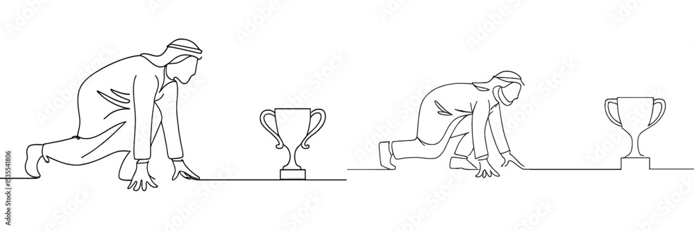 Poster two athletes ready for a race toward a trophy on a minimalist background with a theme of competition