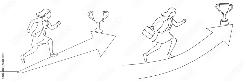 Poster empowered woman running towards success and achievement with determination and ambition in a profess