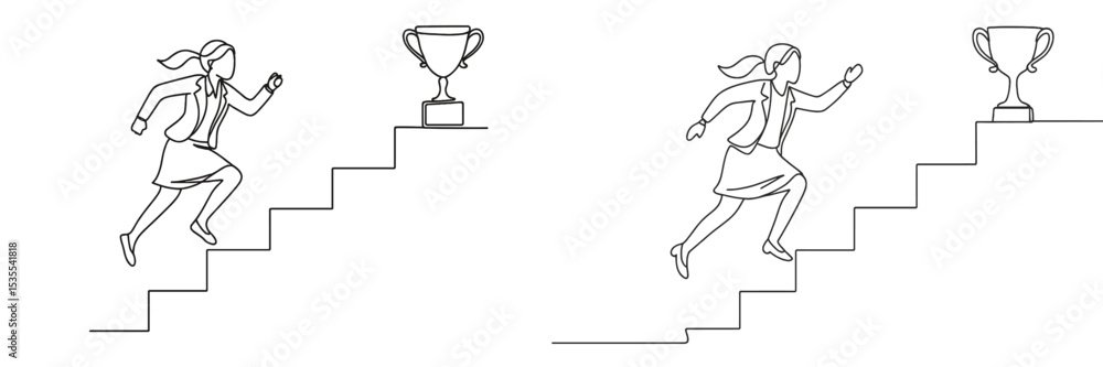 Aufkleber girl running up stairs towards a trophy in a linear illustration depicting achievement and ambition