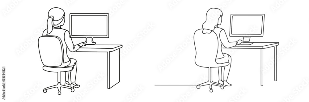 Poster Two individuals working at separate desks in a minimalistic office environment during the day