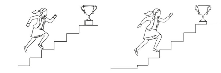 Fototapeta premium Girl running up stairs towards a trophy in a linear illustration depicting achievement and ambition
