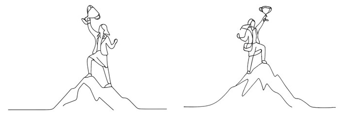 Success and achievement illustrated through two figures celebrating at mountain peaks during daytime