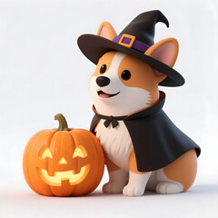 Fototapeta premium Cartoon Corgi in Witch Costume with Crooked Hat, Broomstick, and Jack-o'-Lantern on White Background for Halloween Illustration