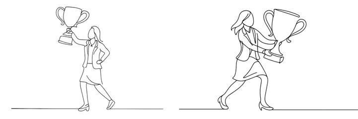 Fototapeta premium Success celebration by woman holding trophy in business attire