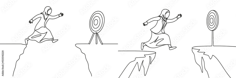 Aufkleber Person runs towards target while leaping over a gap between two cliffs in a dynamic illustration focused on determination and focus