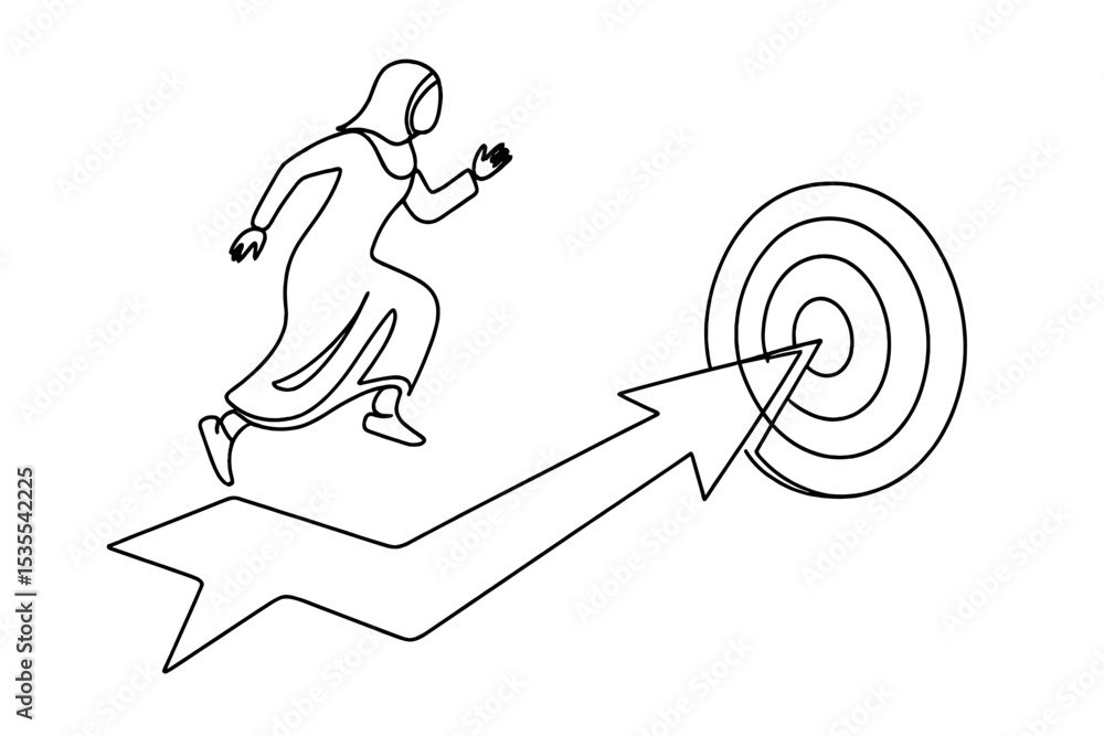 Poster woman running towards target with progress arrows indicating determination and focus on achieving go