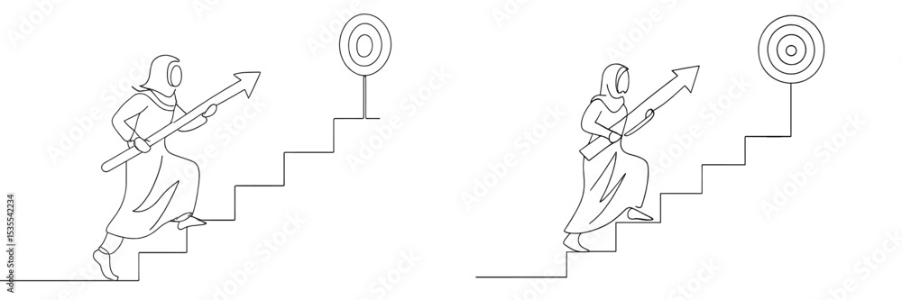 Poster individual ascending stairs with bow and arrow aiming at target in a dynamic pursuit for excellence
