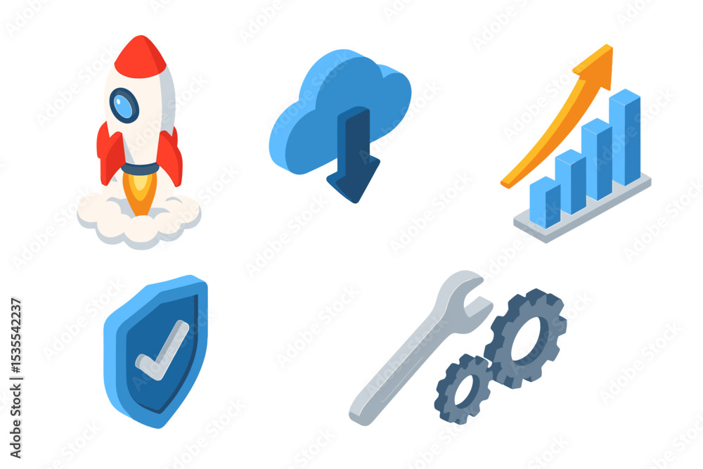 Aufkleber graphics depicting digital growth through cloud, rocket launch, security, and tools in a modern busi