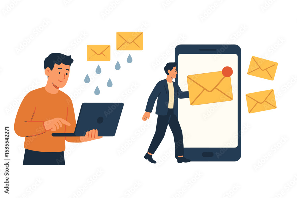 Poster Illustrating modern communication and email usage through digital devices in a professional setting