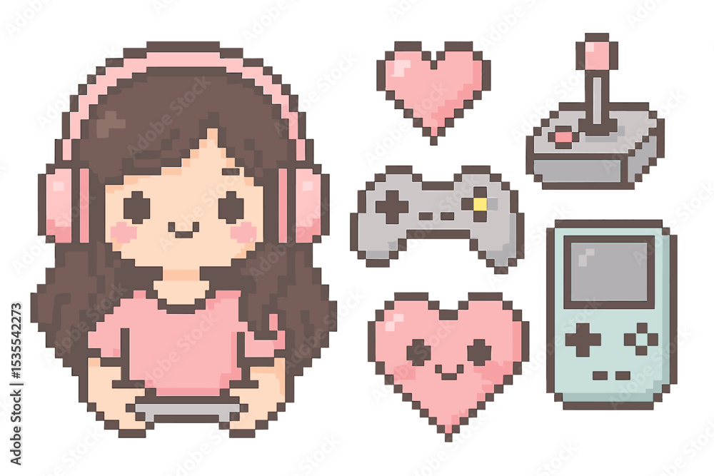 Aufkleber cute pixel art character enjoying video games with retro consoles and hearts in a vibrant layout