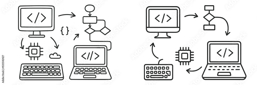 Fototapete Flow of data and coding processes illustrated through simple diagrams in a technical workspace setting