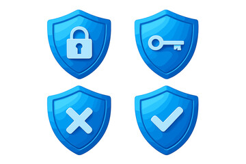 Icons depicting security symbols for lock, key, check mark, and cross on blue shields representing safety concepts