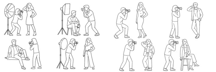 Outdoor fashion photo shoot with diverse models and photographers at a creative studio setting during daytime