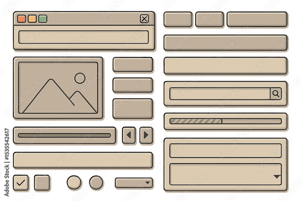 Poster User interface design elements arranged for web applications in a neutral color scheme with various shapes and sizes