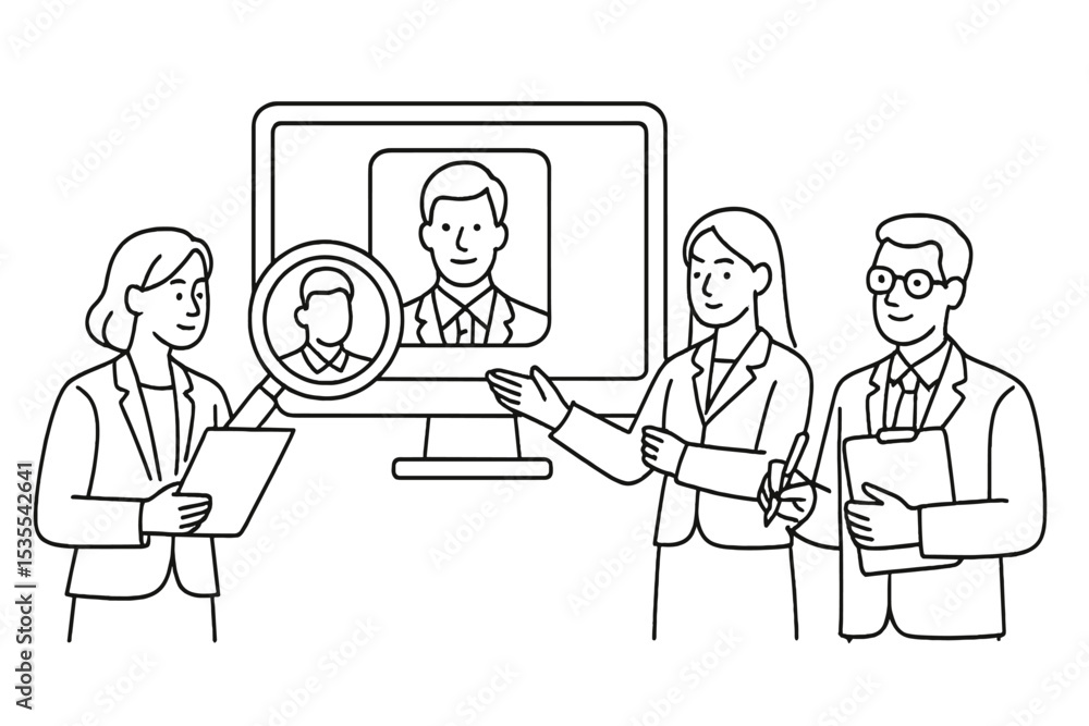 Poster business professionals conducting a virtual presentation showcasing a colleague's profile from a com