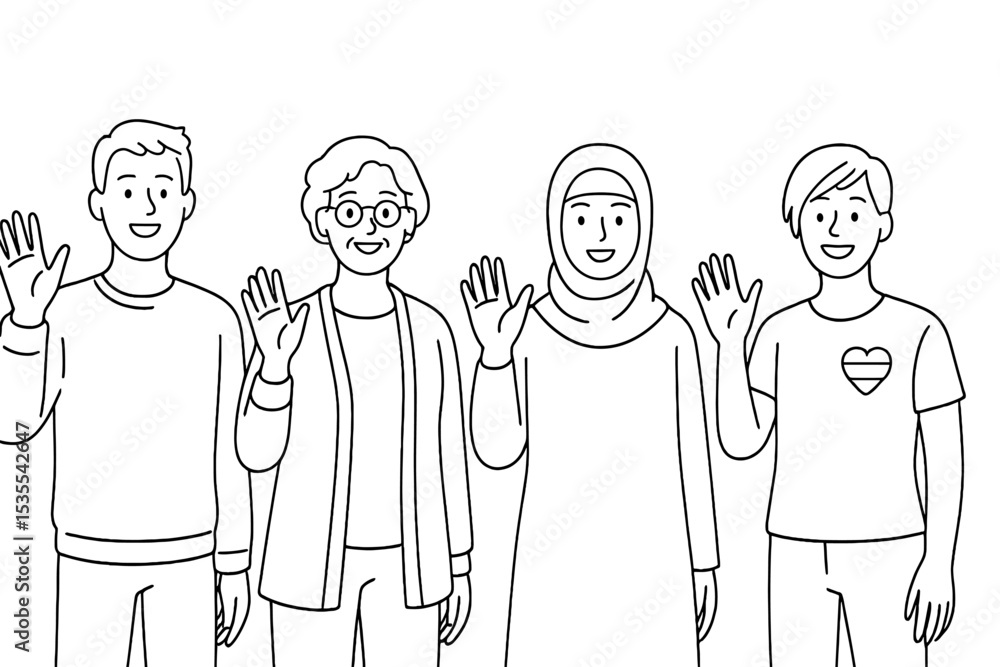 Poster diverse group of friends waving at the camera in a cheerful and friendly manner in a light-hearted s
