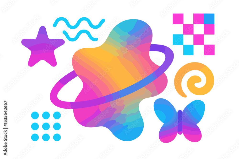 Poster colorful abstract design featuring shapes and patterns in vibrant hues against a white background