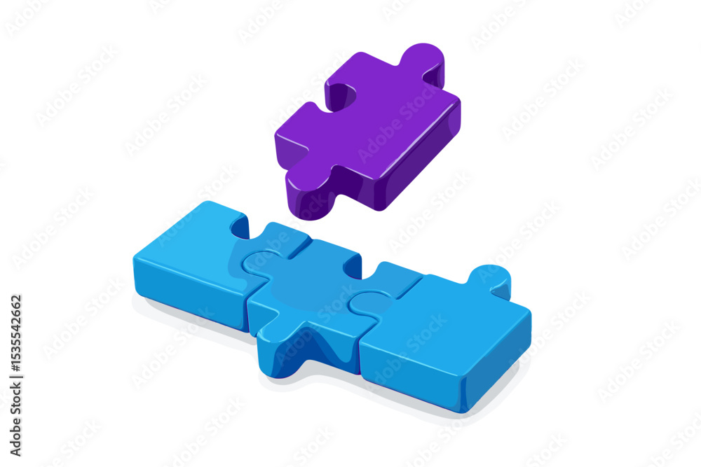 Poster Colorful puzzle pieces in blue and purple positioned in complementary configuration on a white background creating a playful arrangement