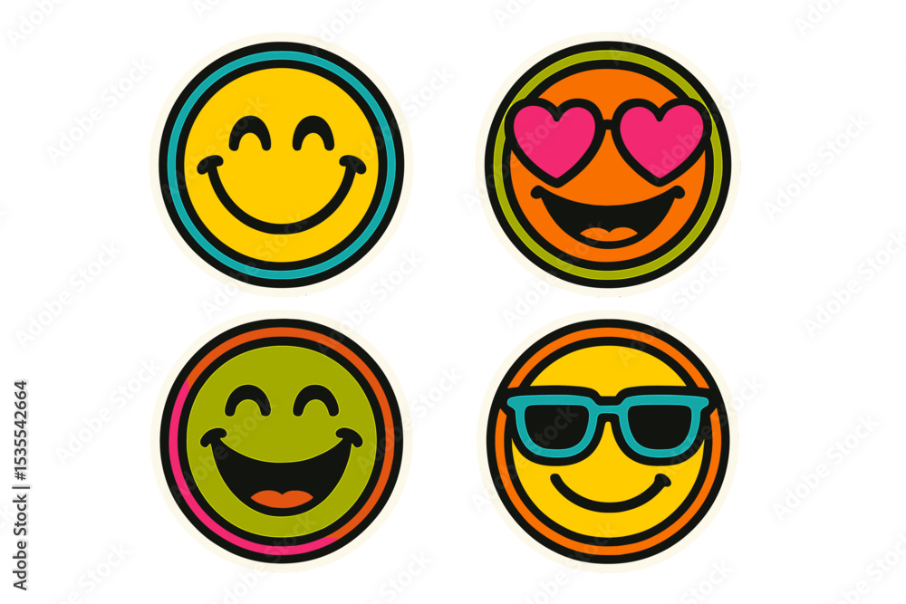 Poster colorful smiley face stickers with different expressions on a white background for fun and decoratio
