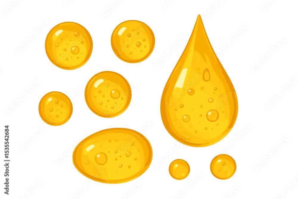 Aufkleber Yellow oil droplets and a drop pattern creating a modern design on a white background