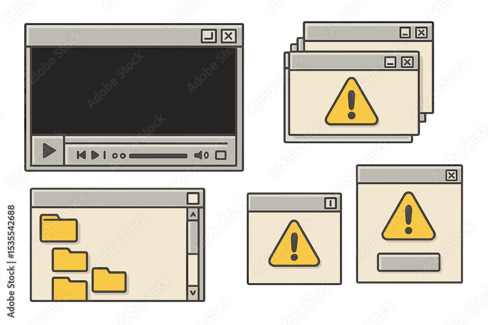 Poster illustration depicts various computer windows with warning signs and multimedia elements in a modern