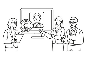 Business professionals conducting a virtual presentation showcasing a colleague's profile from a computer screen