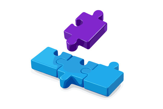 Colorful puzzle pieces in blue and purple positioned in complementary configuration on a white background creating a playful arrangement