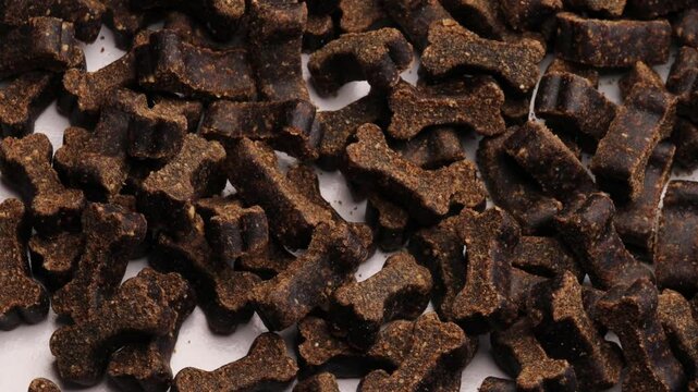 brown dry dog food rotating in circle shaped like small bones on white background healthy pet nutrition treat snack concept of pet care animal feeding pet shop