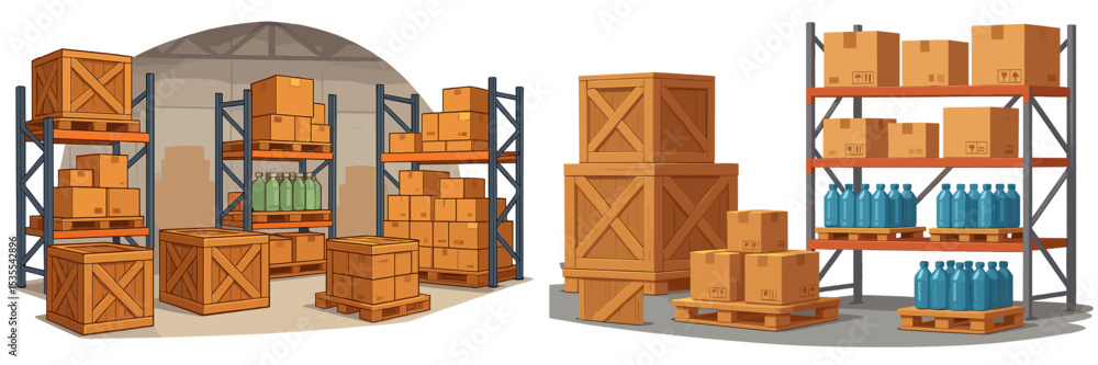 Poster Warehouse storage area with neatly organized crates and boxes in a clean, well-lit environment
