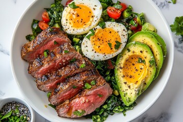 Delicious and healthy keto bowl with sliced grilled steak, kale, eggs and avocado seasoned with black pepper
