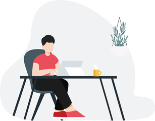 Focused Man at Desk: A modern illustration of a focused man working at his desk, showcasing simplicity and concentration in a minimalist workspace.