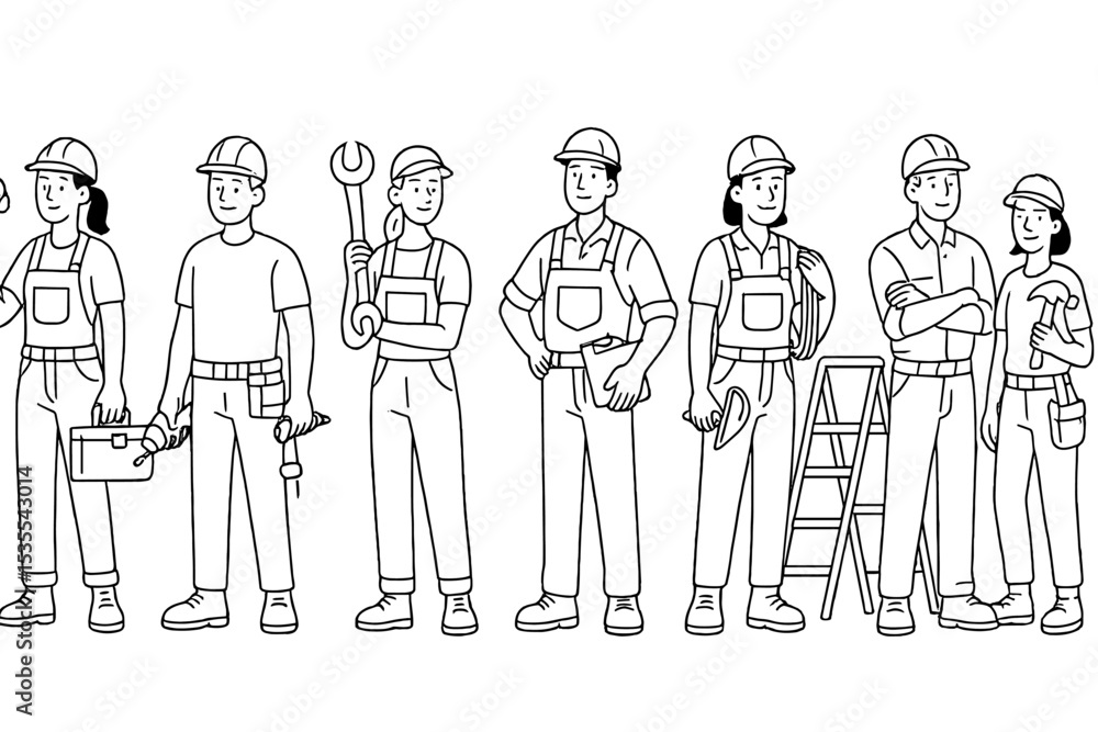 Poster diverse construction workers engaged in various tasks in a busy urban environment during daylight ho