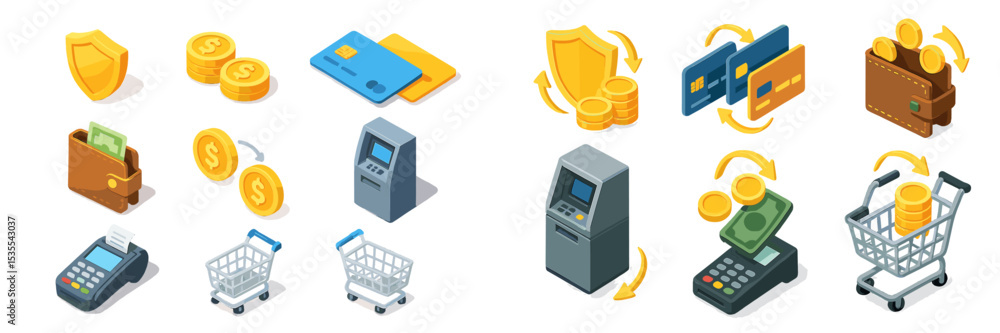 Poster Digital payment icons showing various transaction methods, secure wallets, and shopping carts at different times of the day