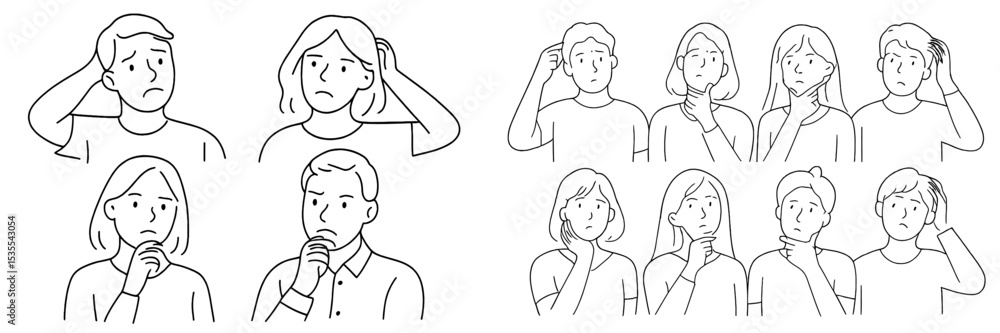 Poster expressions of confusion and contemplation among diverse individuals in a minimalistic style