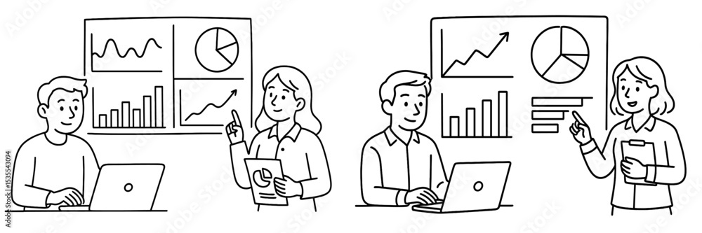 Aufkleber team members collaborate in an office meeting to analyze data and create charts for a project presen