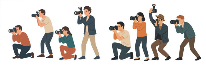 Professional photographers capturing moments at an outdoor event during a sunny day in a vibrant urban setting