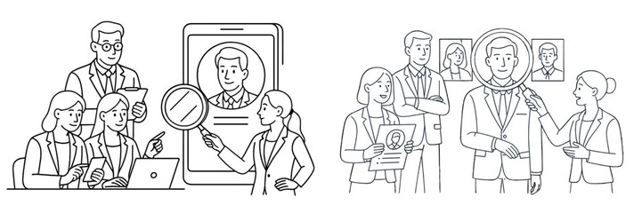 Team collaboration and discussion about professional profiles in a modern office setting