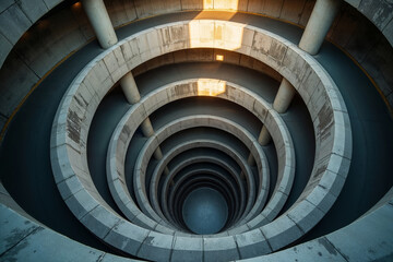 Abstract View Looking Down a Spiral Parking Garage Ramp Architecture
