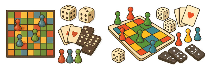 Colorful collection of board games and dice displayed on a tabletop during a casual game night with friends