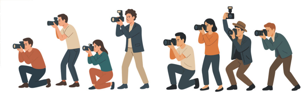 Professional photographers capturing moments at an outdoor event during a sunny day in a vibrant urban setting