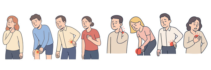 Obraz premium Various individuals expressing discomfort in different body parts during different activities throughout the day